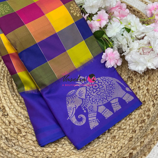 Semi Soft Silk  - Madras Checks Pattern -  Violetish Purple Shade  - VVSSS042