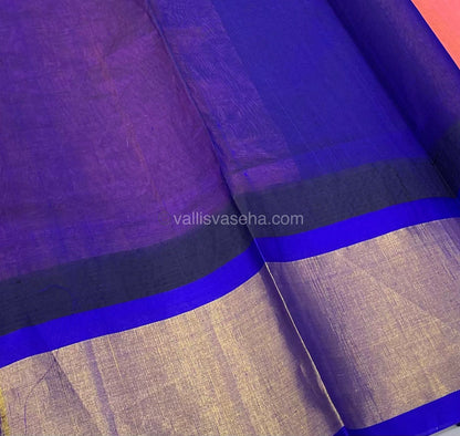 Pure Korvai Silk Cotton Saree - Peach with Blue Combo - Temple border - VVKSC001