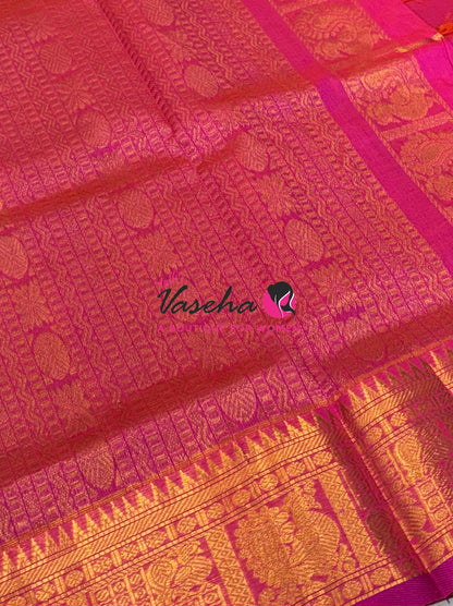 Pure Silk Cotton Saree - Mayil & Chakkaram Design - Peacock Blue With Pink  Shade -VVMC003