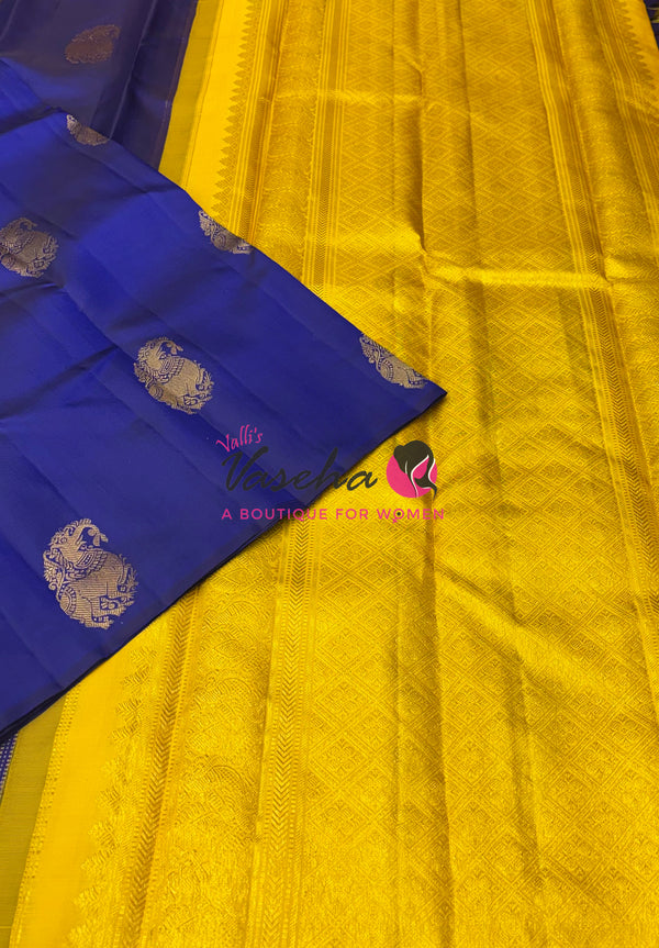 Pure Kanchipuram Silk Saree - Border Less - Royal Blue with Yellow Combo - VVPS043