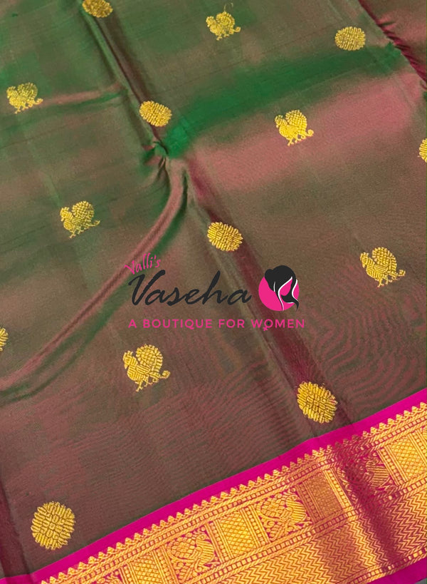 Pure Kanchipuram Silk Saree - Mandhulir Green & Pink Combo - VVPS025