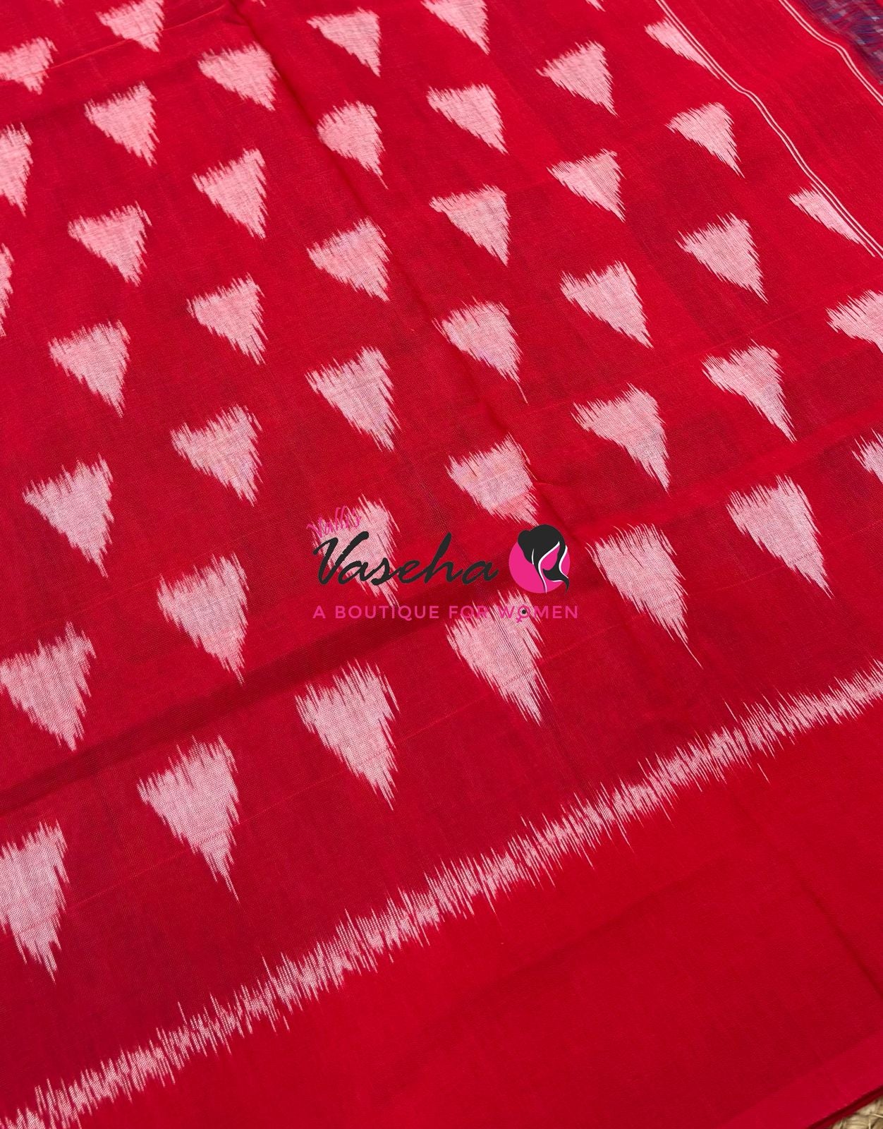 Double Ikkat Pure Cotton Saree -  Blue With Red  - VVIKS002