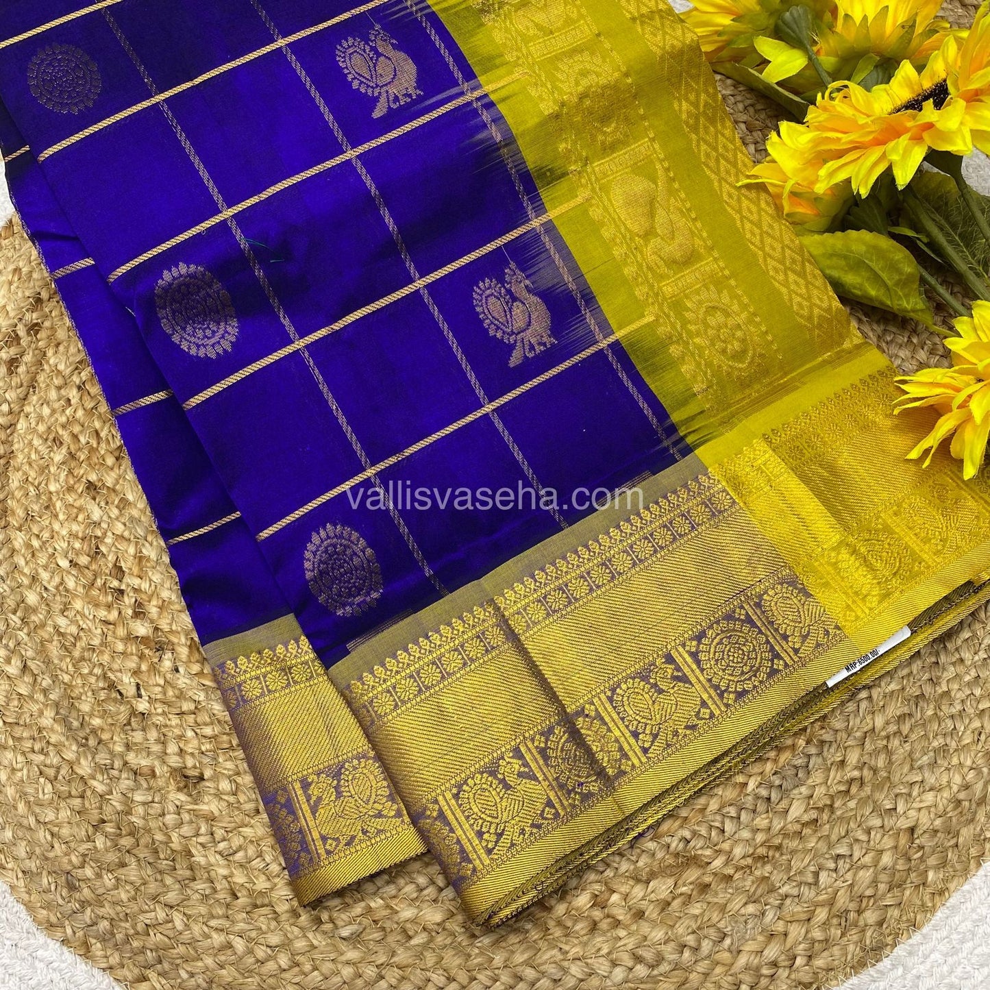 Pure Silk Cotton Saree - Mayil & Chakkaram Design - Blue & Lemon Yellow - VVMC001