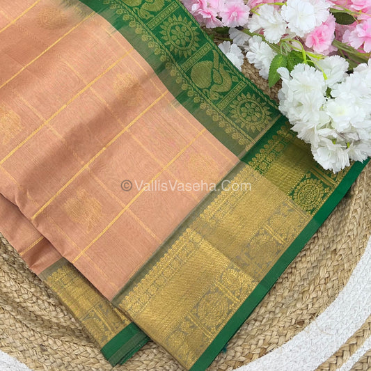 Pure Silk Cotton Saree - Mayil & Chakkaram Design - Light Peach with Green  - VVMC001