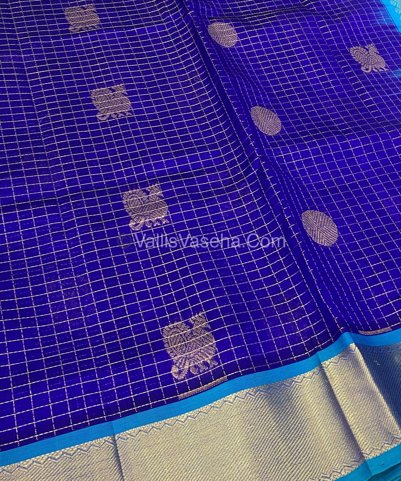Pure Silk Cotton Saree - Mayil & Chakkaram Design - Double Tone Blue with Blue Combo - VVMC002