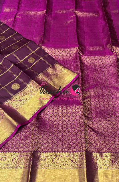 Pure Kanchipuram Silk Saree - Wine  With Pink - VVPS097