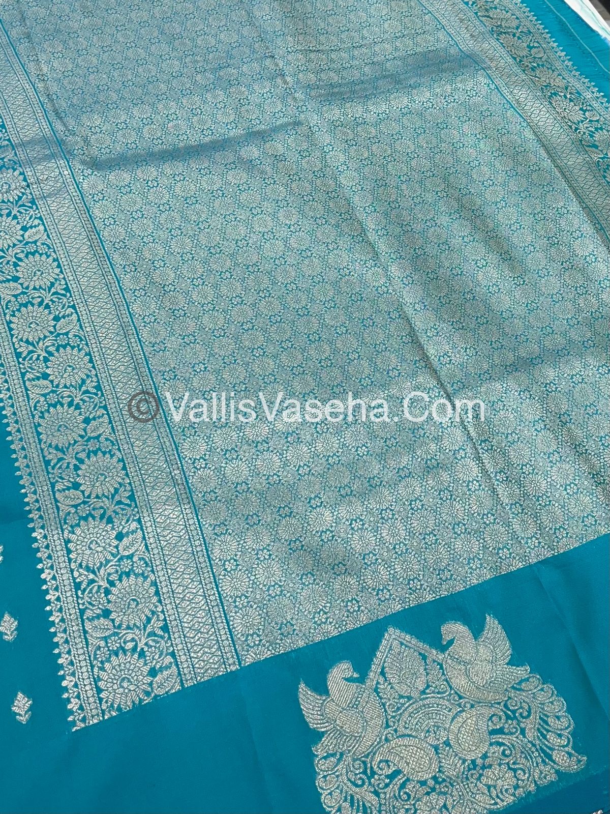 Semi Soft Silk - Peacock & Mango Butta Border - Turquoise blue Shade -VVSSS015