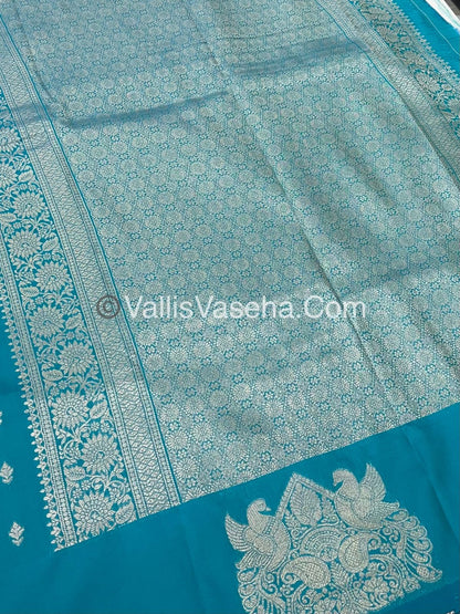 Semi Soft Silk - Peacock & Mango Butta Border - Turquoise blue Shade -VVSSS015