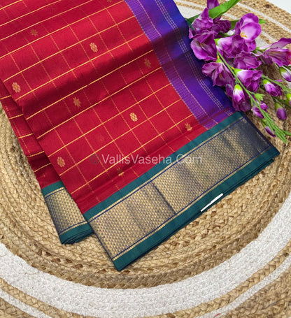 Pure Korvai Silk Cotton - Checks Pattern - Red with Peacock Blue Shade  - VVKSC015
