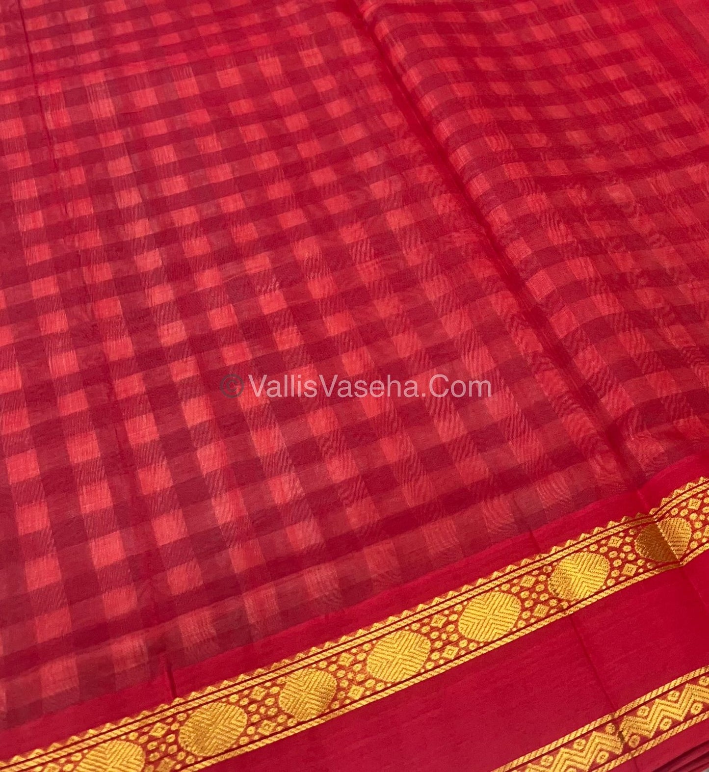 Pure Korvai Silk Cotton With Retta Petta Border - White & Bluish Green kattam pattern with Red  - VVKSC003