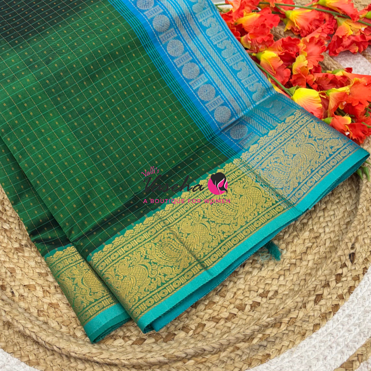 Pure Silk Cotton Saree - Green With Blue  Shade - Lakshadeepam Design - VVPLD001