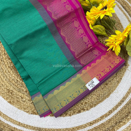 Semi Silk Cotton Saree - Sea Green with Pink Combo - VVSSC001