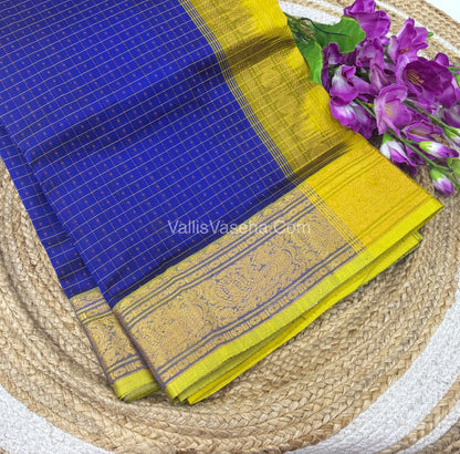 Pure Silk Cotton Saree - Blue With Lemon Yellow Shade - Lakshadeepam Design - VVPLD001