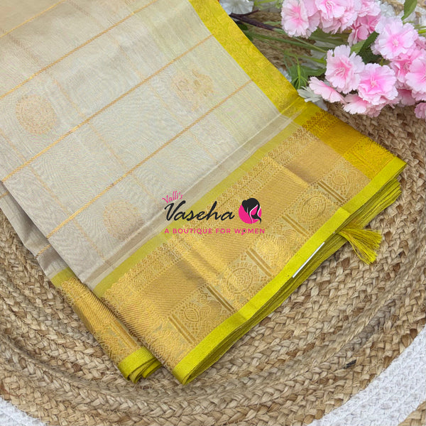Pure Silk Cotton Saree - Mayil & Chakkaram Design - Light Grey With Yellow Shade - VVMC001