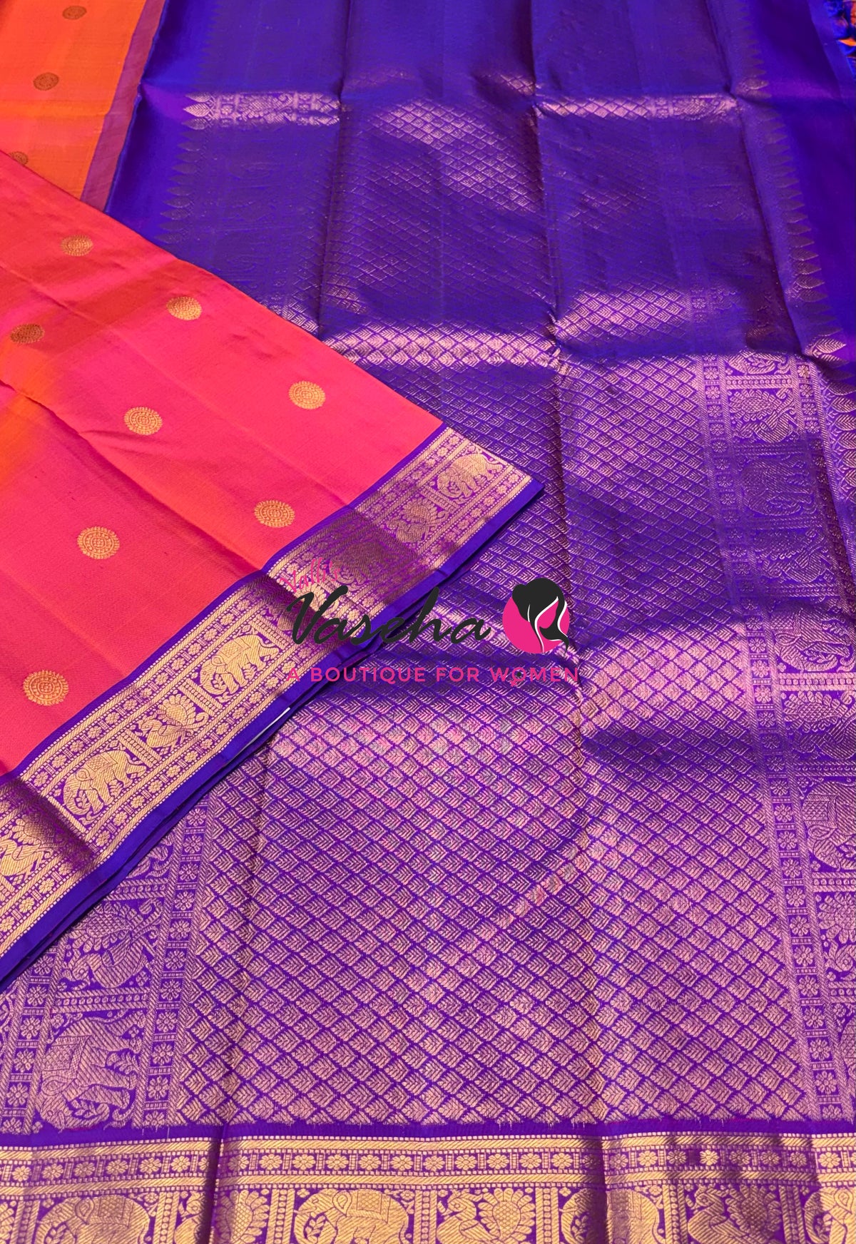 Pure Kanchipuram Silk Saree - Peachish Pink & Purple Combo - VVPS025