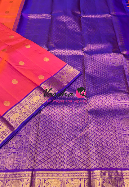 Pure Kanchipuram Silk Saree - Peachish Pink & Purple Combo - VVPS025
