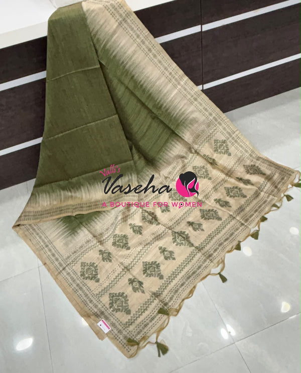 Semi Jute Silk Saree - Green With Cream Shade - VVSJS003