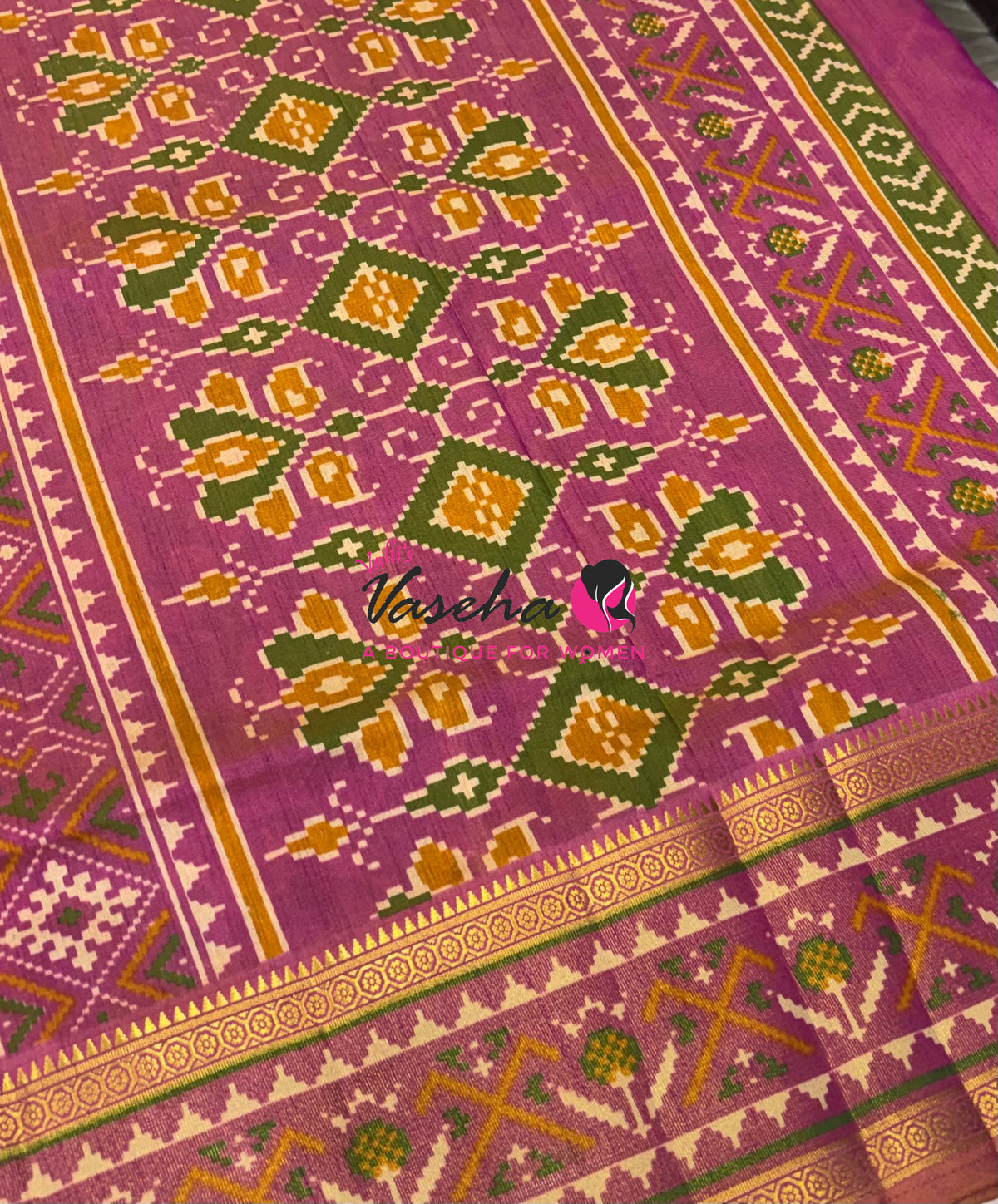 Semi Patola / Art Silk Saree - Green With Pink Combo - VVSPS001