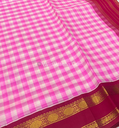 Pure Korvai Silk Cotton With Retta Petta Border - White & Pink Kattam pattern - VVKSC003