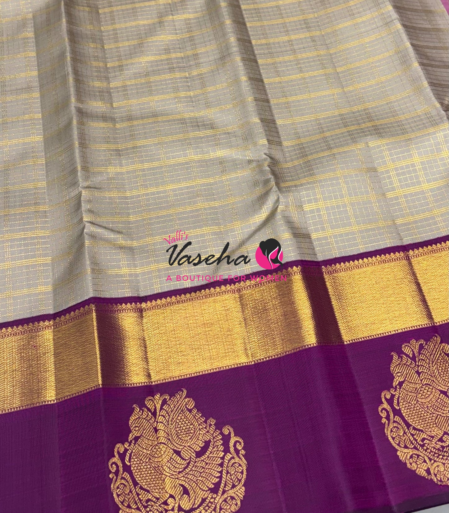 Pure Vintage Korvai Kanchipuram Silk Saree - Chikku / Light Grey & Purple Combo - VVPS006