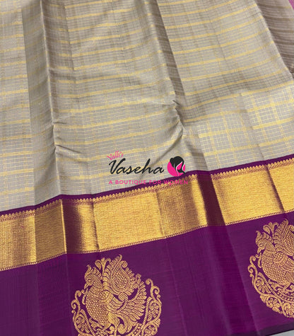 Pure Vintage Korvai Kanchipuram Silk Saree - Chikku / Light Grey & Purple Combo - VVPS006