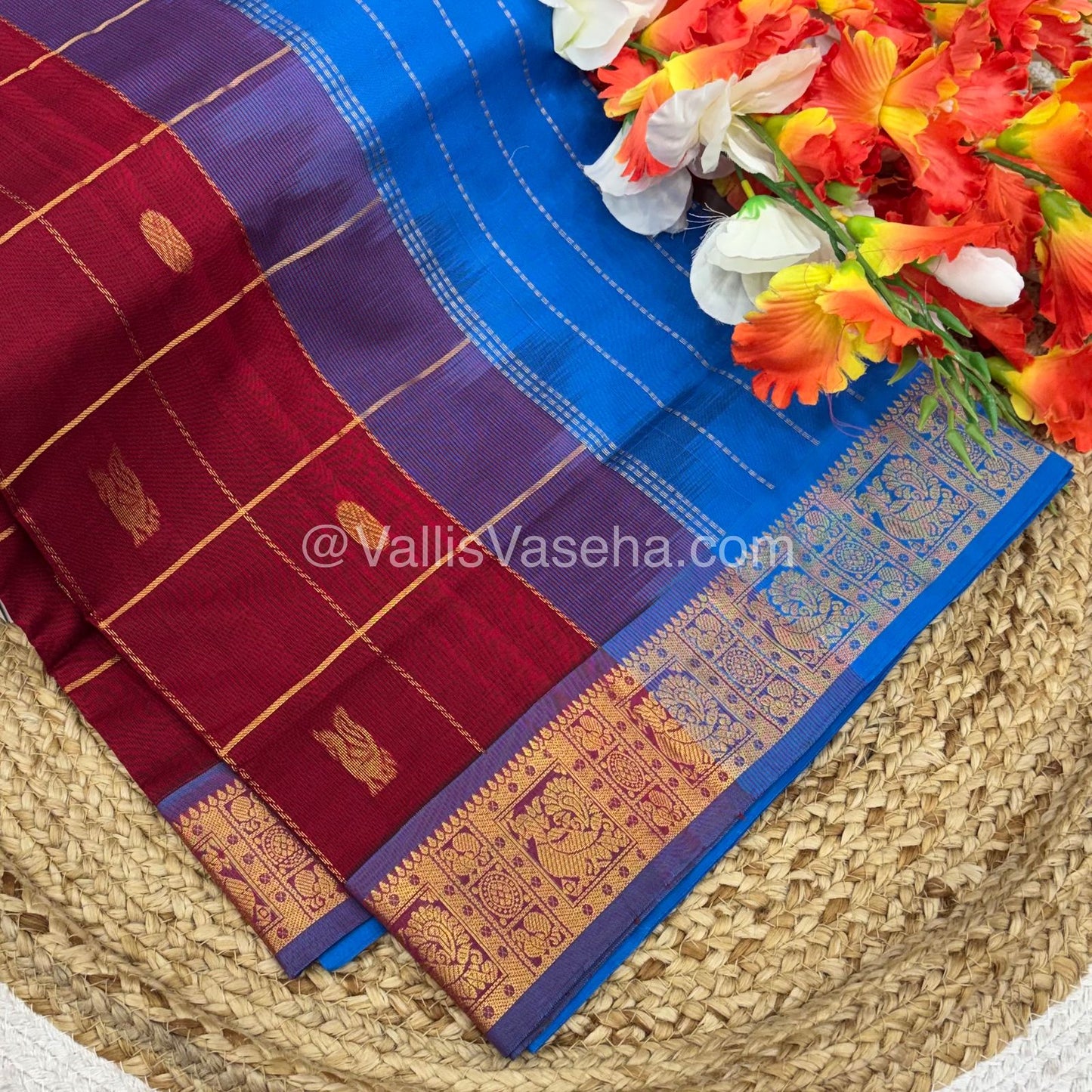 Semi Silk Cotton Saree - Blue with Red shade - VVSSC002