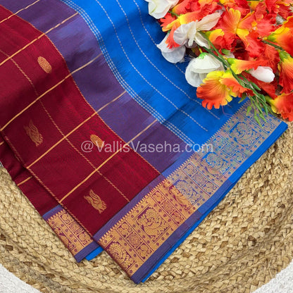 Semi Silk Cotton Saree - Blue with Red shade - VVSSC002