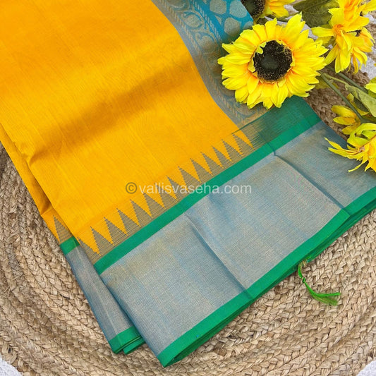 Pure Korvai Silk Cotton Saree -  Lemon Yellow With Blue Shade Temple border - VVKSC001