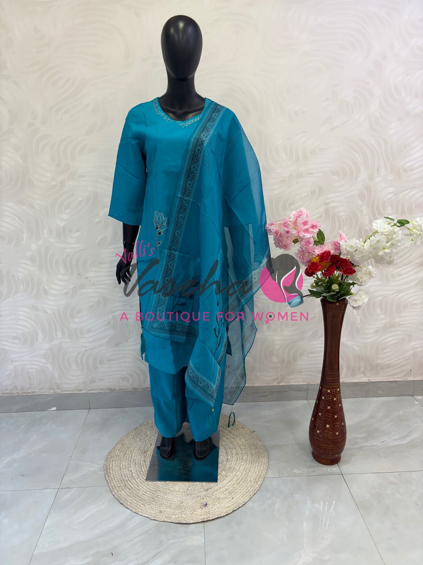 Readymade 3pc Set - Thread Embroidered - Blue  - VVRMS009