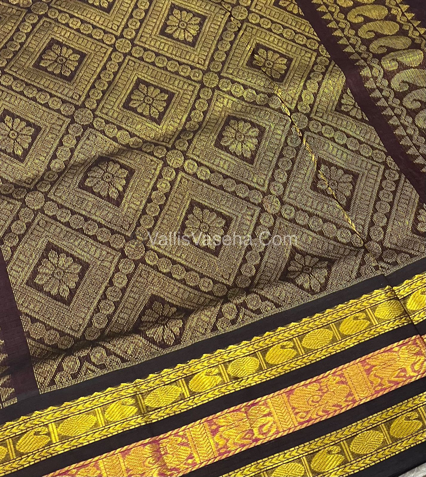 Pure Korvai Silk Cotton - Cream with Wine Brown - Checks Pattern - VVKSC024