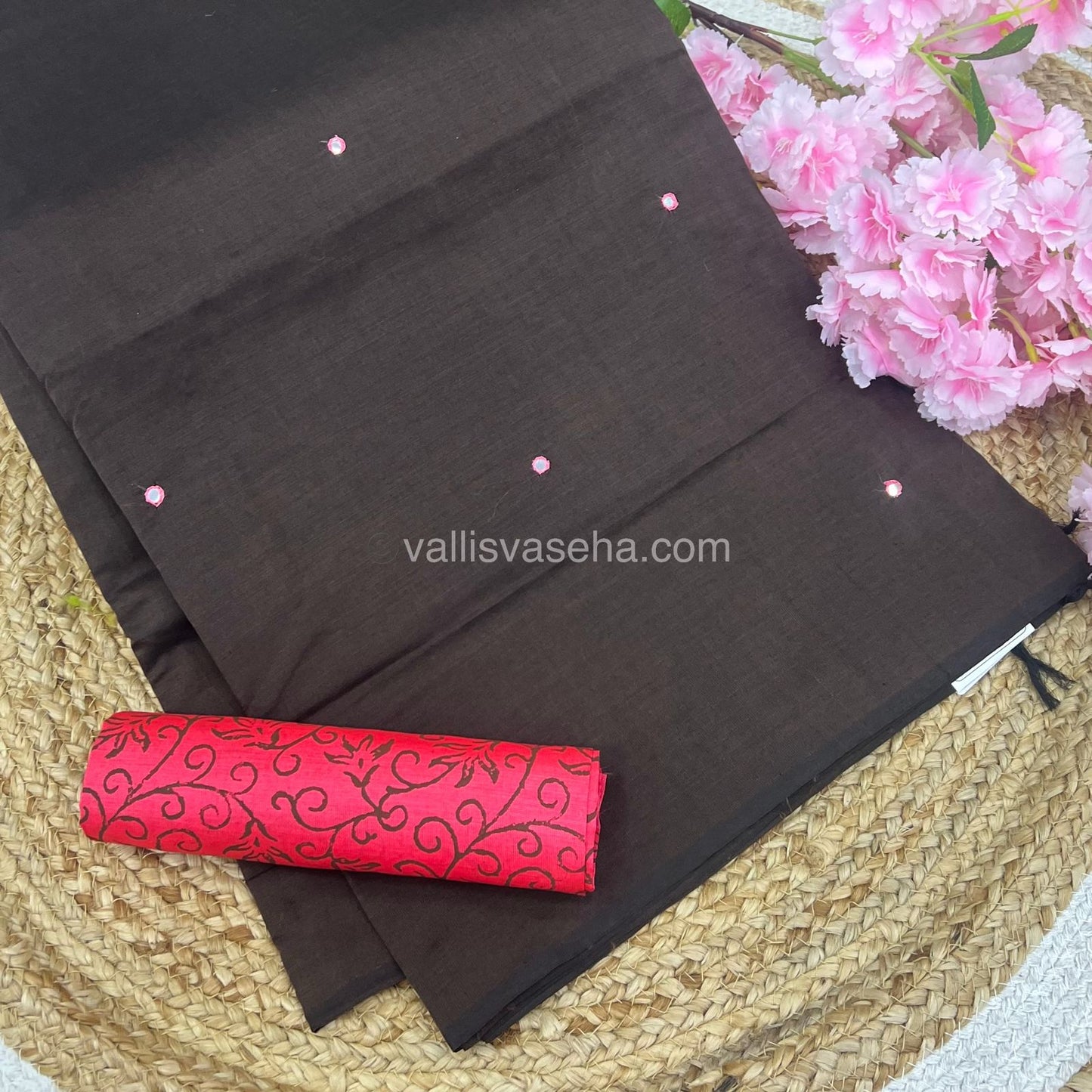 South Mixed Cotton - Mirror Work Embroidery - Brown with Pink - VVPCM002