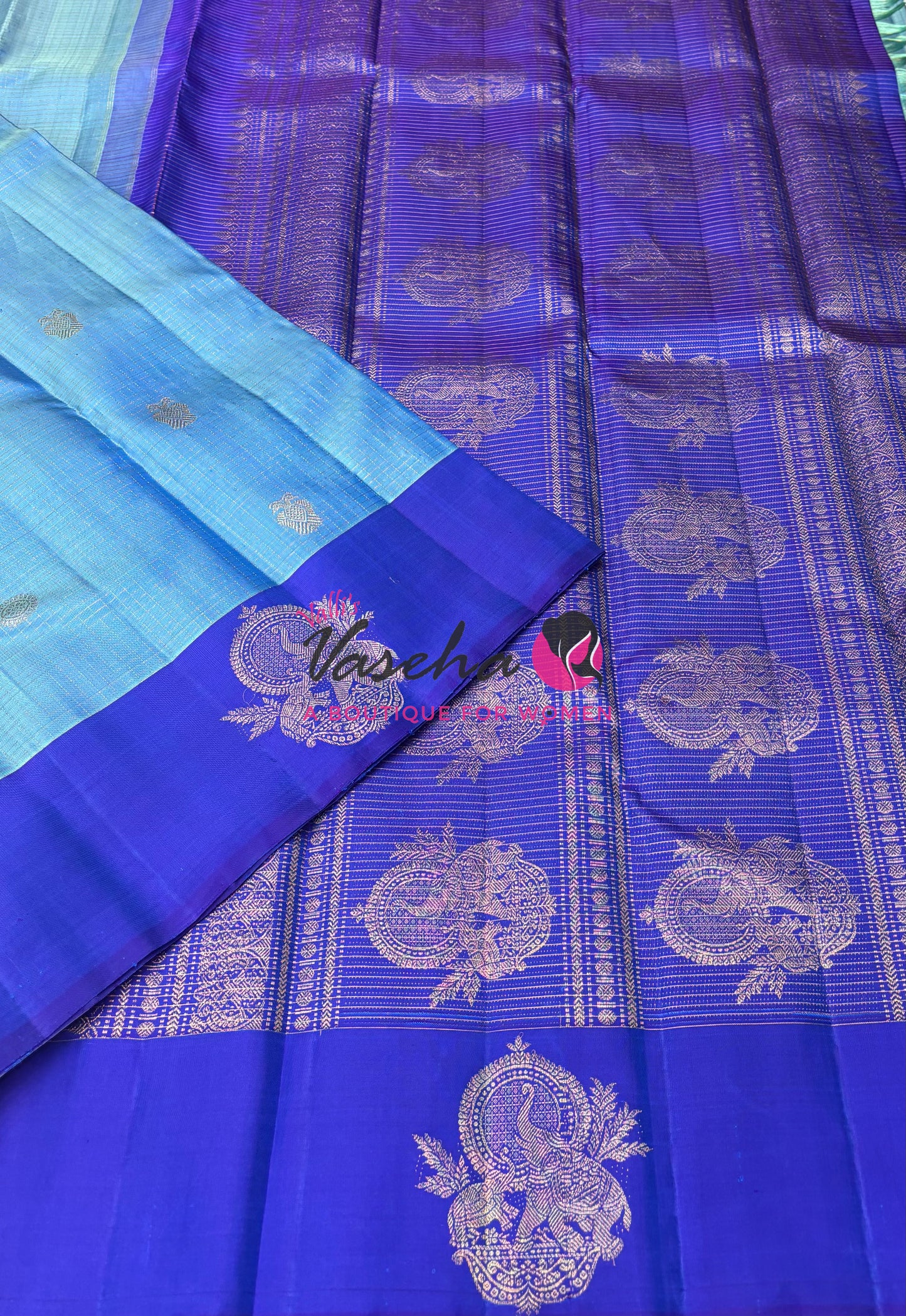 Pure Kanchipuram Silk Saree - Blue & Blue Combo - VVPS080