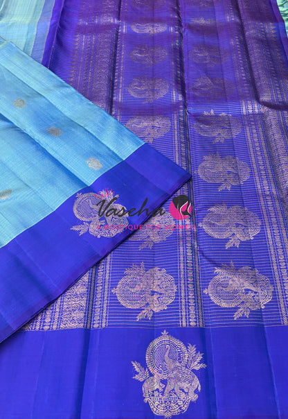 Pure Kanchipuram Silk Saree - Blue & Blue Combo - VVPS080