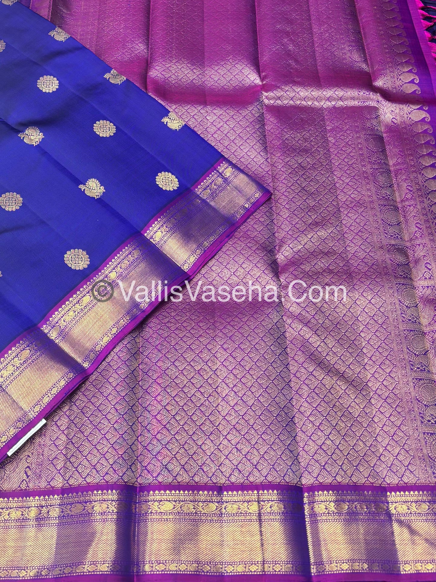 Pure Kanchipuram Silk Saree - Blue & Purple Combo - VVPS025