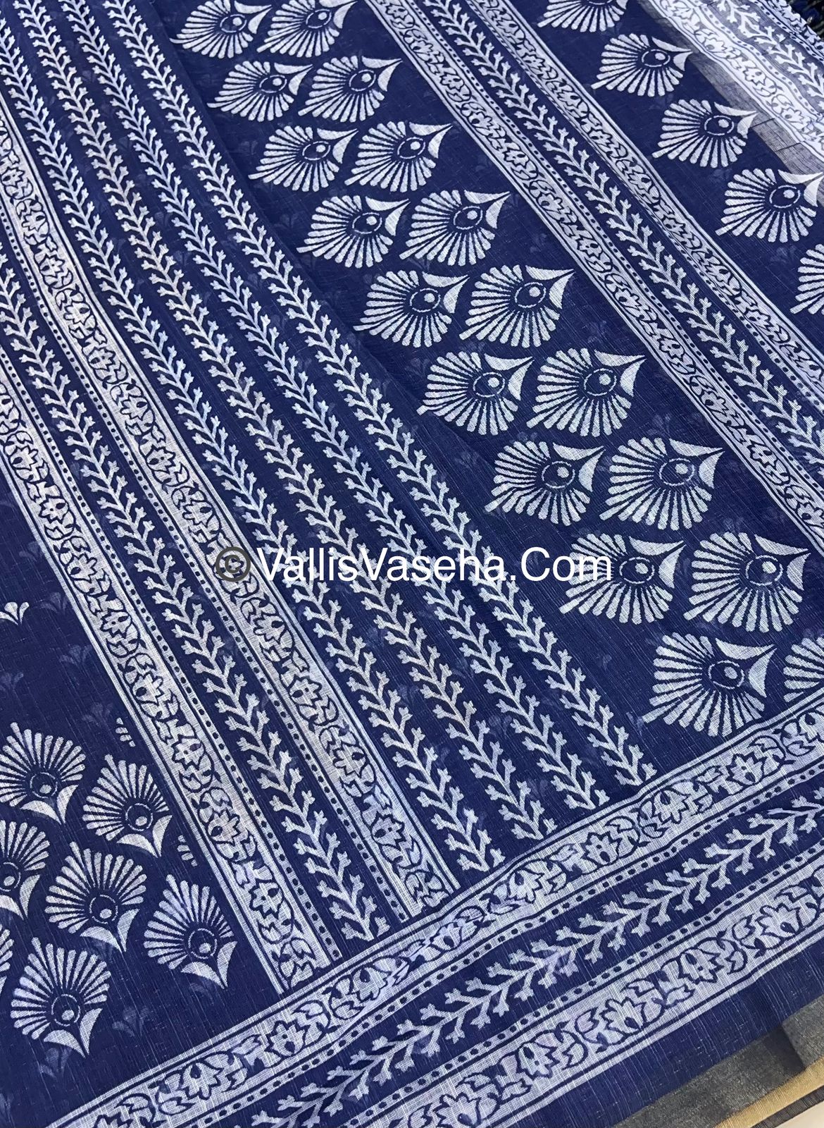 Linen Mixed Cotton Saree - Indigo Blue - Printed - VVLMP001