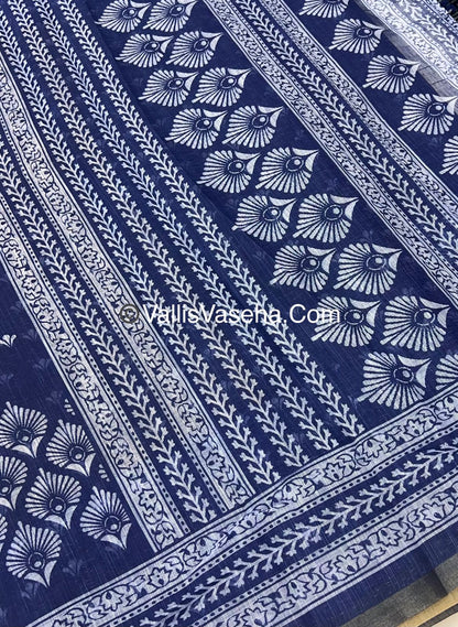 Linen Mixed Cotton Saree - Indigo Blue - Printed - VVLMP001