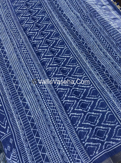Linen Mixed Cotton Saree - Indigo Blue - Printed - VVLMP001