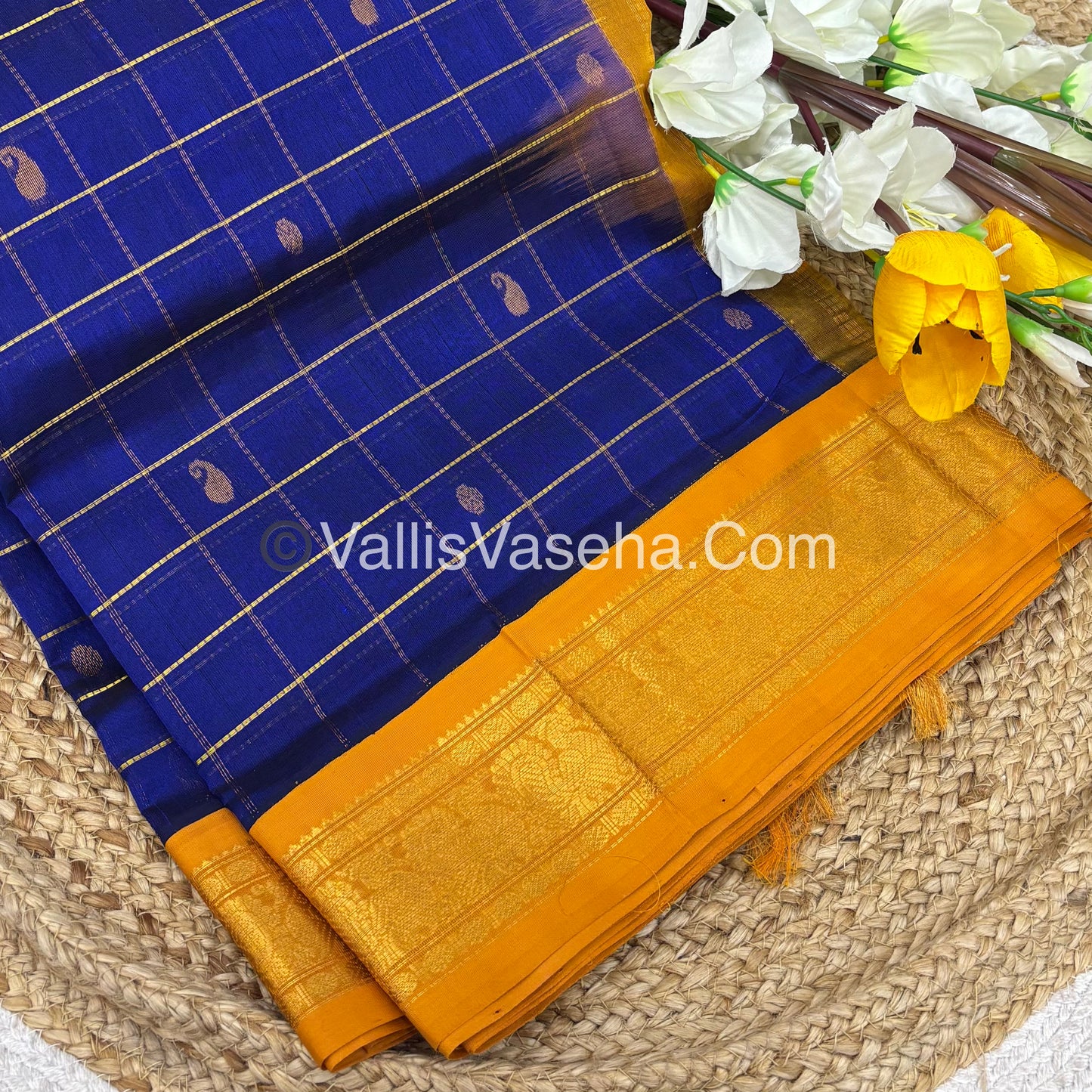 Pure Korvai Silk Cotton - Checks Pattern - Blue with Mustard Shade  - VVKSC015