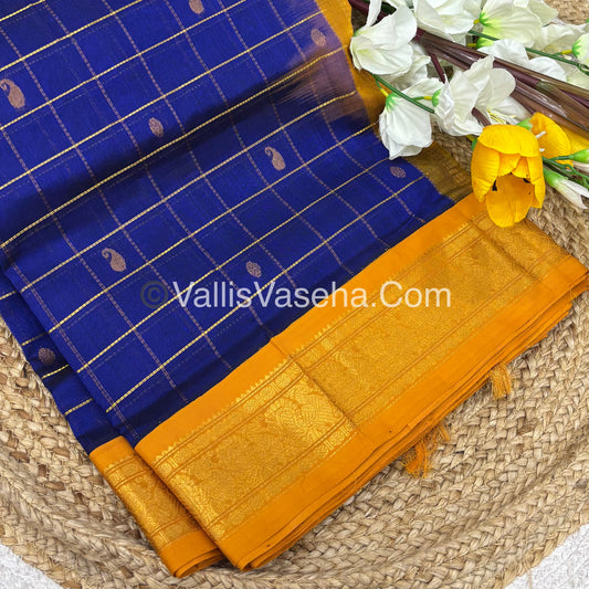 Pure Korvai Silk Cotton - Checks Pattern - Blue with Mustard Shade  - VVKSC015