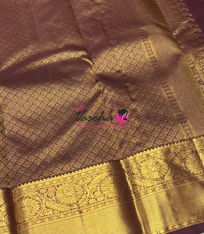 Pure Kanchipuram Silk Saree - Vairavoosi Design  - Rust Orange & Wine Brown Combo - VVPS059