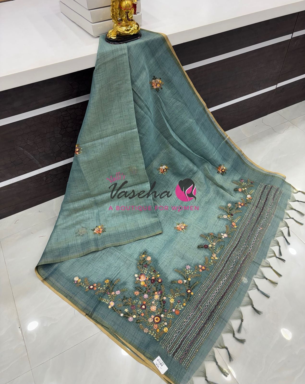 French Knot - Linen Tissue Saree - Blue Shade - VVLFN018