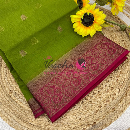 Bamboo Silk Saree- Green with Pink Shade - VVBSS015