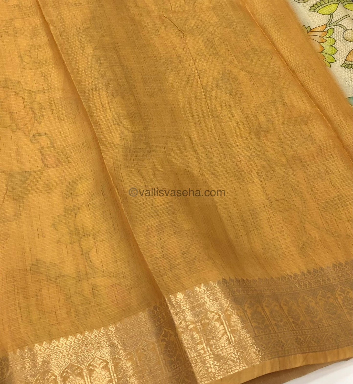 Semi Zari Kota Tissue - Kalamkari design - Mustard Yellow Shade - VVKT001