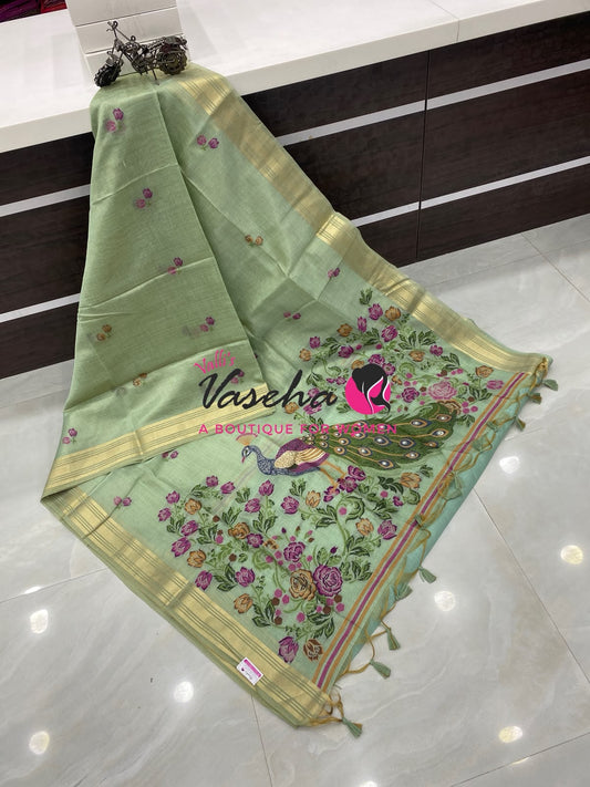 Muga Tissue Linen Saree - Blue   Shade - VVMLT001