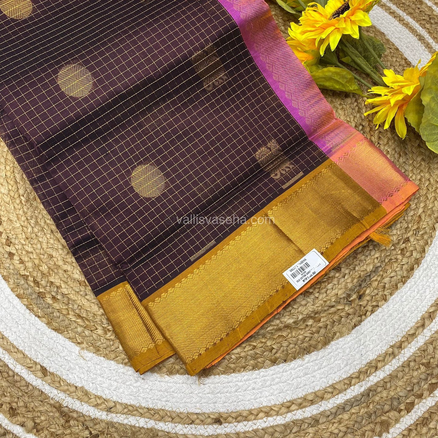 Pure Silk Cotton Saree - Mayil & Chakkaram Design - Brown with Peach Combo - VVMC002