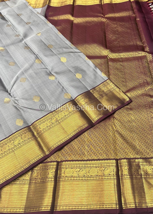 Pure Kanchipuram Silk Saree - Grey With Merun - VVPS011