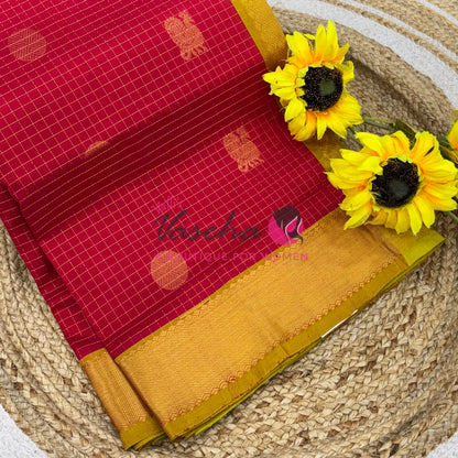 Pure Silk Cotton Saree - Mayil & Chakkaram Design - Red With Yellowish green  Shade -VVMC002