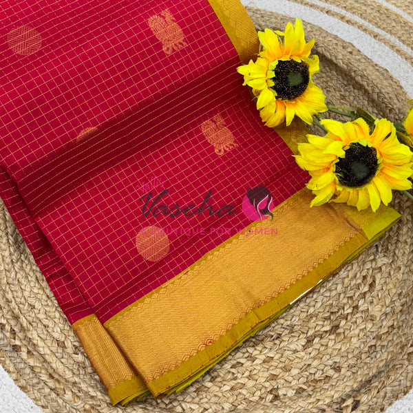 Pure Silk Cotton Saree - Mayil & Chakkaram Design - Red With Yellowish green  Shade -VVMC002