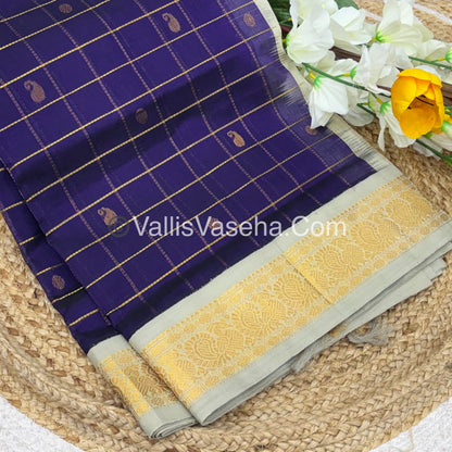 Pure Korvai Silk Cotton - Checks Pattern - Dark Lavender with Creamish Grey Shade  - VVKSC015