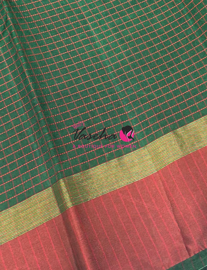 Semi Silk Saree - Thread Work Weaving - Green With Maroon - VVSSS0038